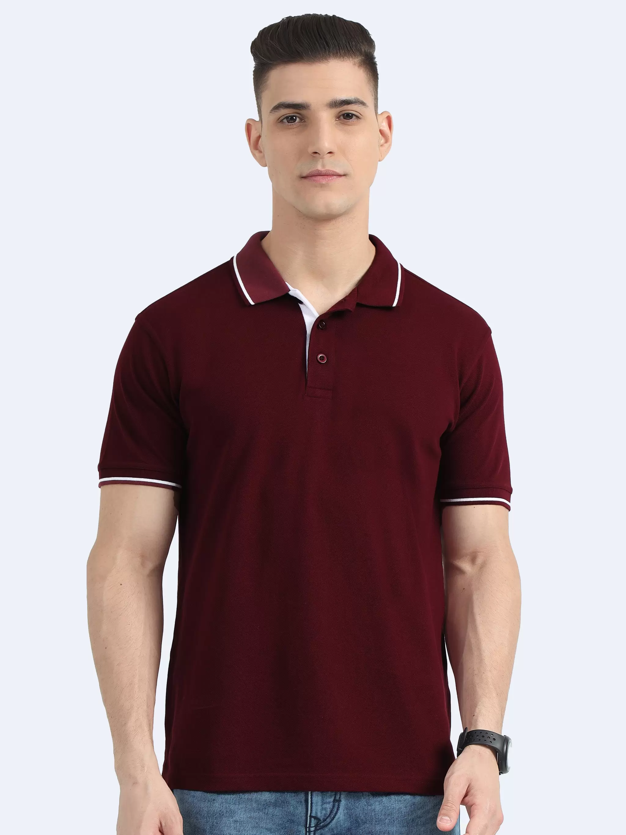 Polo T-Shirt Biowashed Organic 100% Premium Cotton Material for all-Day Comfort, Men Regular Fit - Maroon with White Tipping T-Shirt